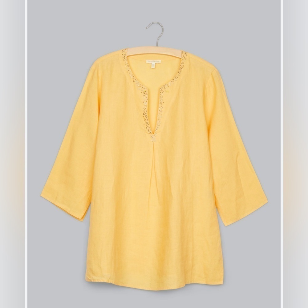 Eileen Fisher Size XS Irish Linen Yellow 3/4th Sleeve Top Sequin Neck Line Tunic